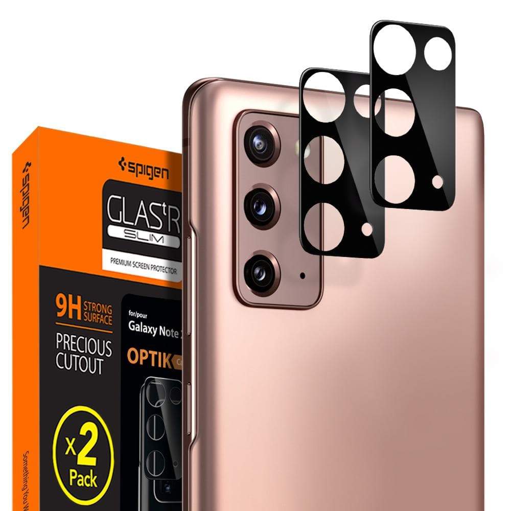 Galaxy Note 20 5G Optik Lens Protector showing the box, bronze phone, and two lens protectors