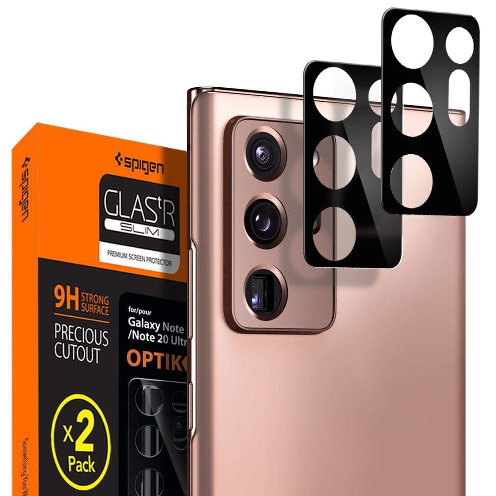 Galaxy Note 20 Ultra 5G Optik Lens Protector in black showing the box, bronze phone, and two black lens protectors