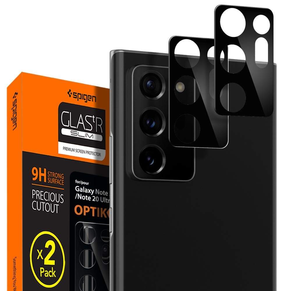 Galaxy Note 20 Ultra 5G Optik Lens Protector in black showing the box, black phone, and two black lens protectors