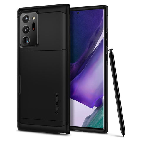 Galaxy Note 20 Ultra Slim Armor CS Black Case showing the back with card slot closed and front with pen