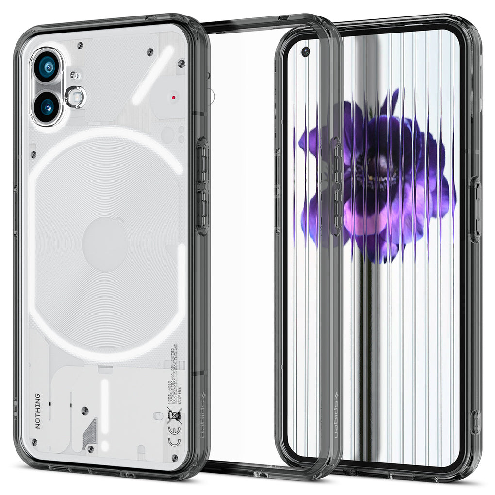 Nothing Phone (1) Case Ultra Hybrid in space crystal showing the back, inside of case and front of white device