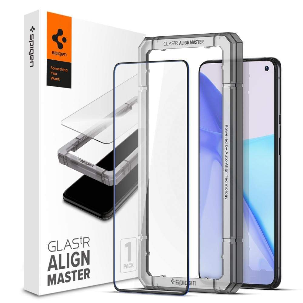 OnePlus 9 Screen Protector AlignMaster GLAS.tR showing the packaging, screen protector, alignment tray and device