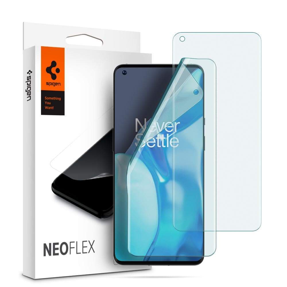 OnePlus 9 Pro Screen Protector Neo Flex showing the packaging, two screen protectors, and device