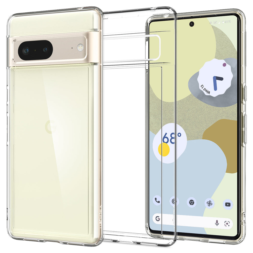 Pixel 7 Case Ultra Hybrid in crystal clear showing the back, inside and front