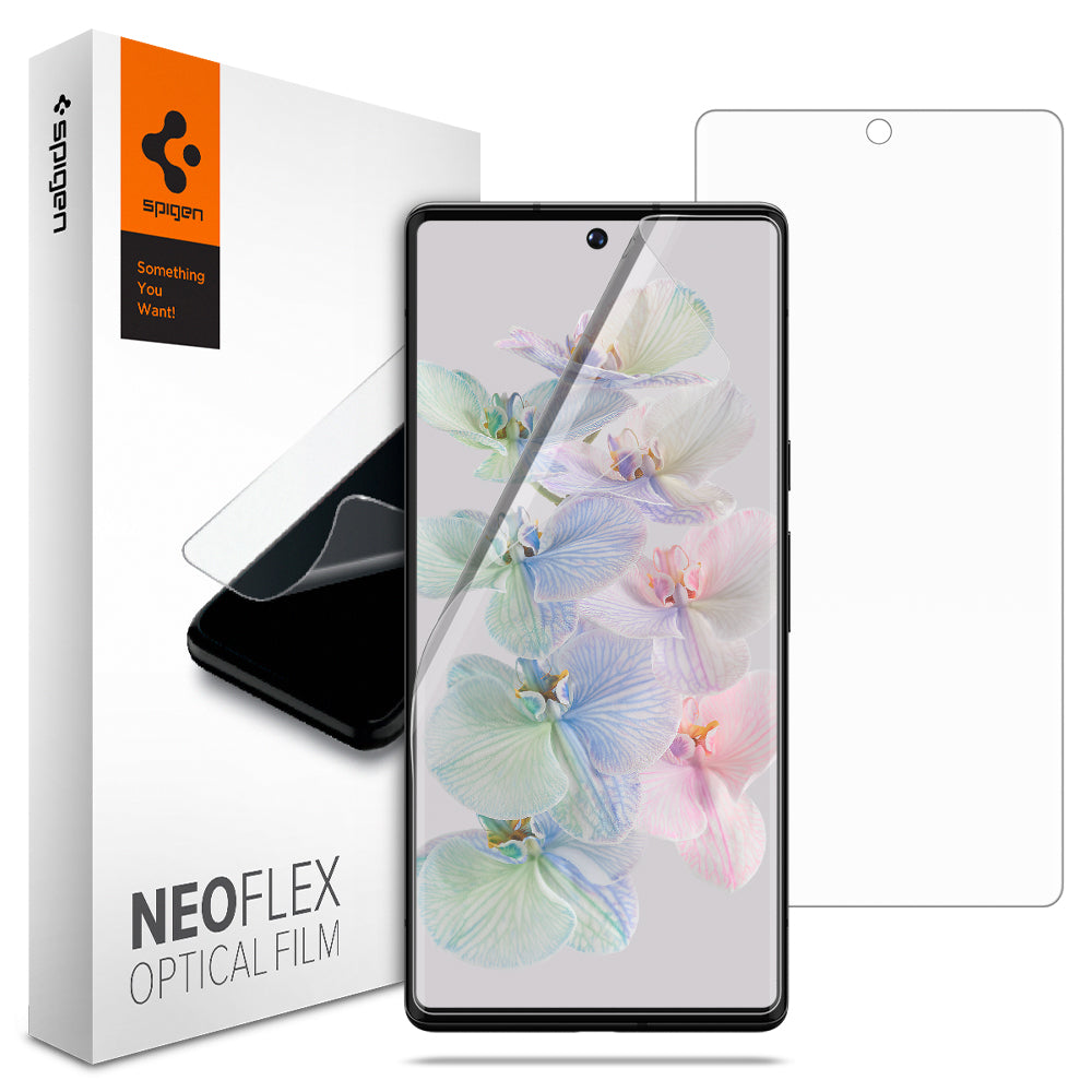 Pixel 7 Pro Screen Protector Neo Flex showing the device, two screen protectors and packaging