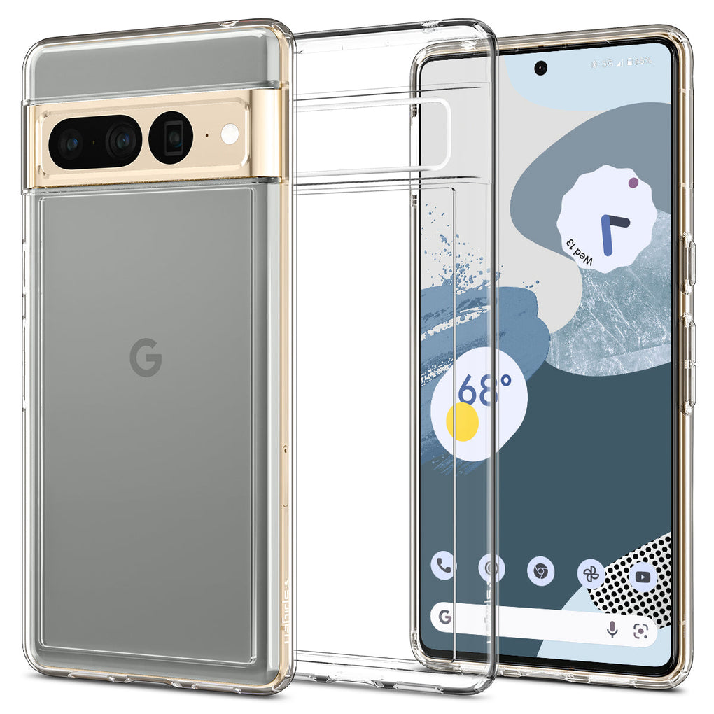 Pixel 7 Pro Case Ultra Hybrid in crystal clear showing the back, inside and front