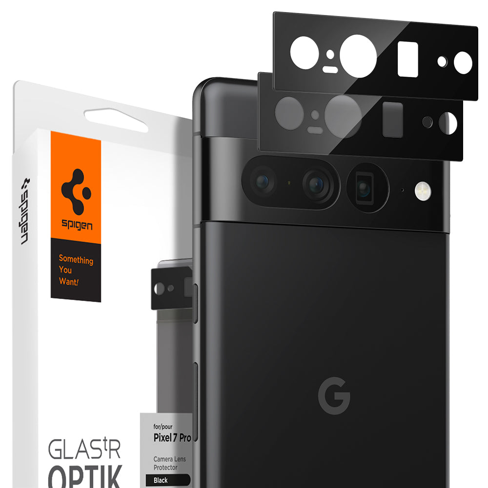 Pixel 7 Pro Optik Lens Protector in black showing the device, two optik lens protectors and packaging