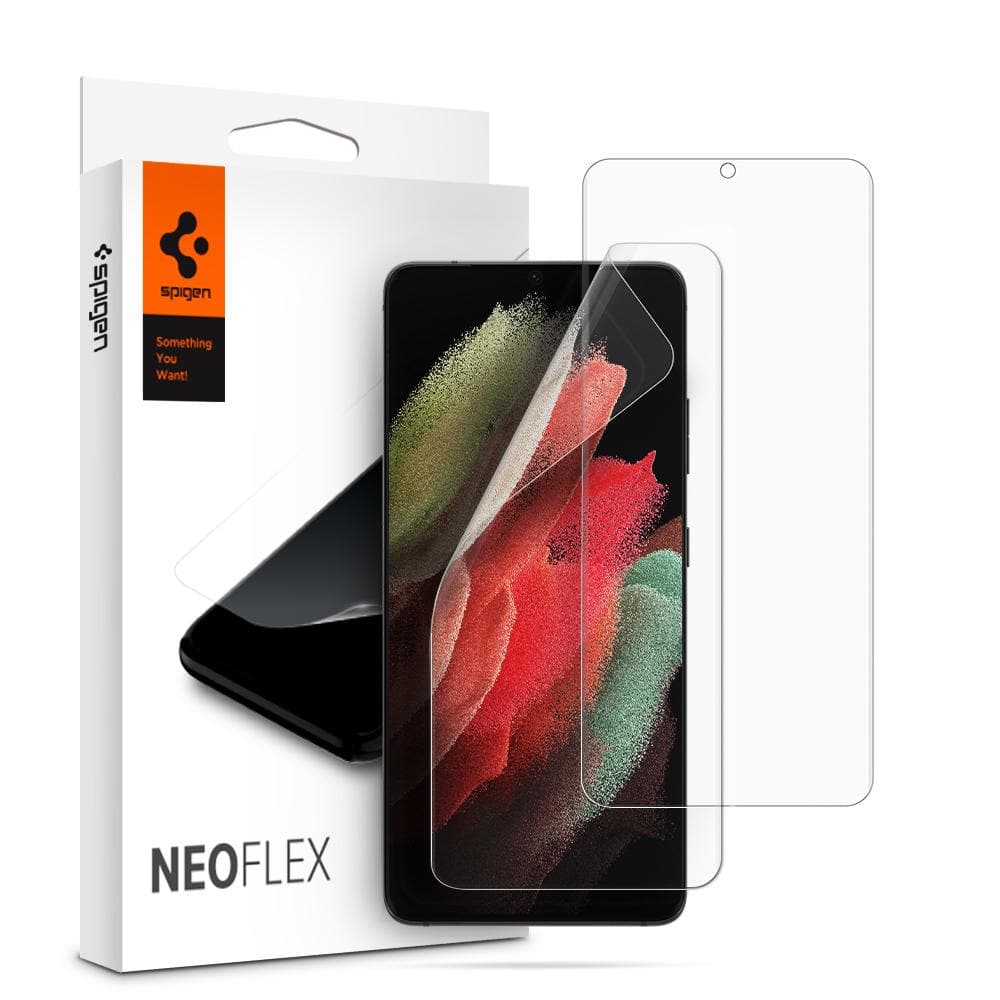 Galaxy S21 Ultra 5G Screen Protector Neo Flex showing the packaging, device and two screen protectors