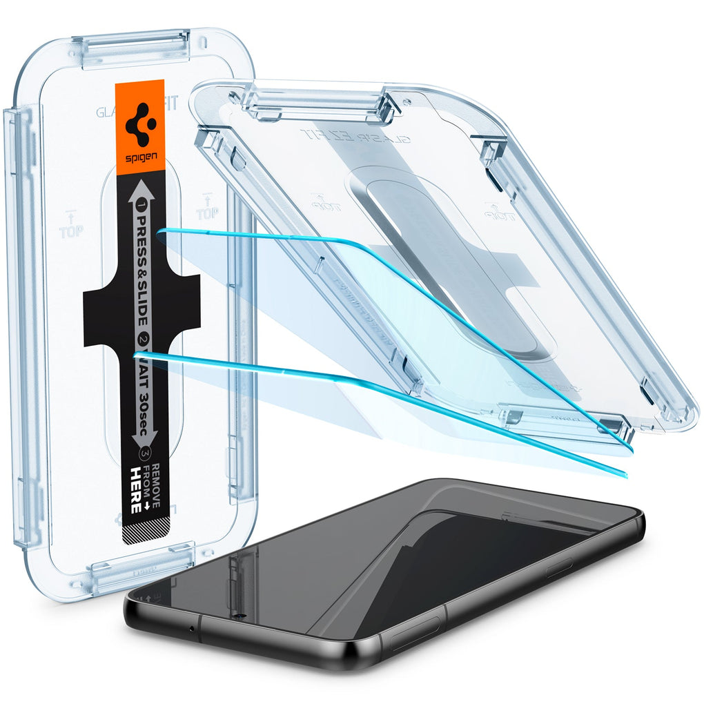 Galaxy S23 Plus Screen Protector EZ FIT GLAS.tR showing the device, two screen protectors and ez fit trays