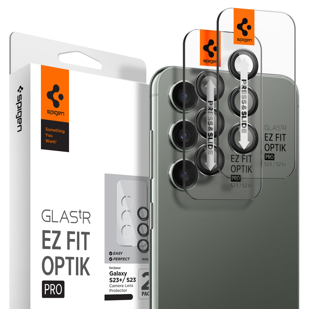Galaxy S23 Plus / S23 EZ Fit Optik Pro Lens Protector in black showing the device, two lens protectors and packaging