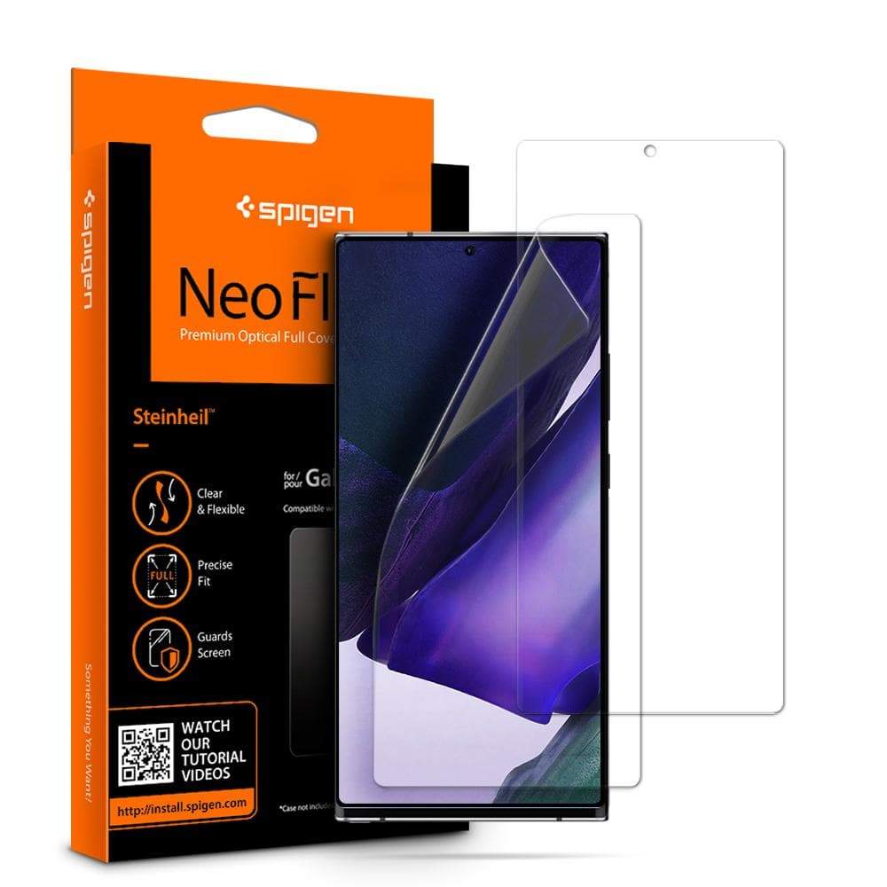 Galaxy Note 20 Ultra Screen Protector Neo Flex showing the package, device, and screen protector