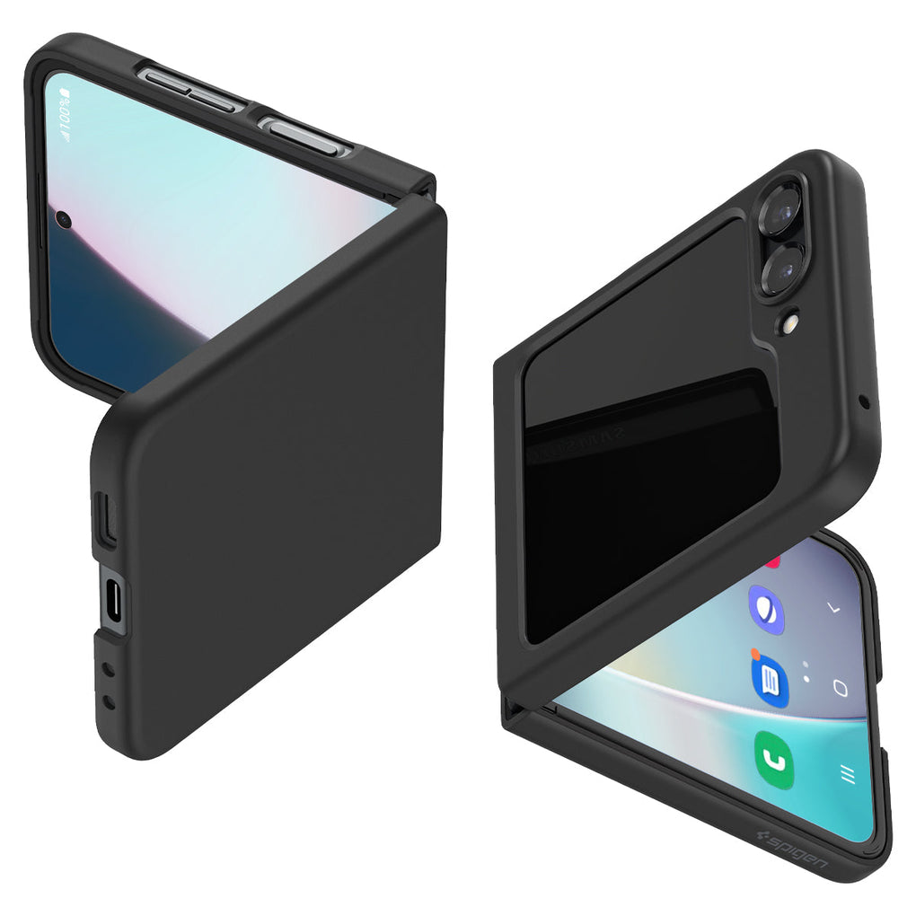 Galaxy Z Flip 5 Case AirSkin in black showing the back, front and sides of two devices