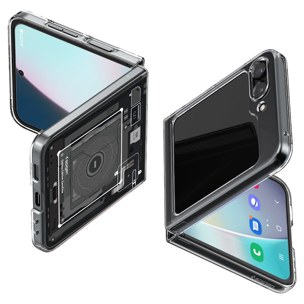 Galaxy Z Flip 5 Case AirSkin Zero One showing the back, front and sides of two devices