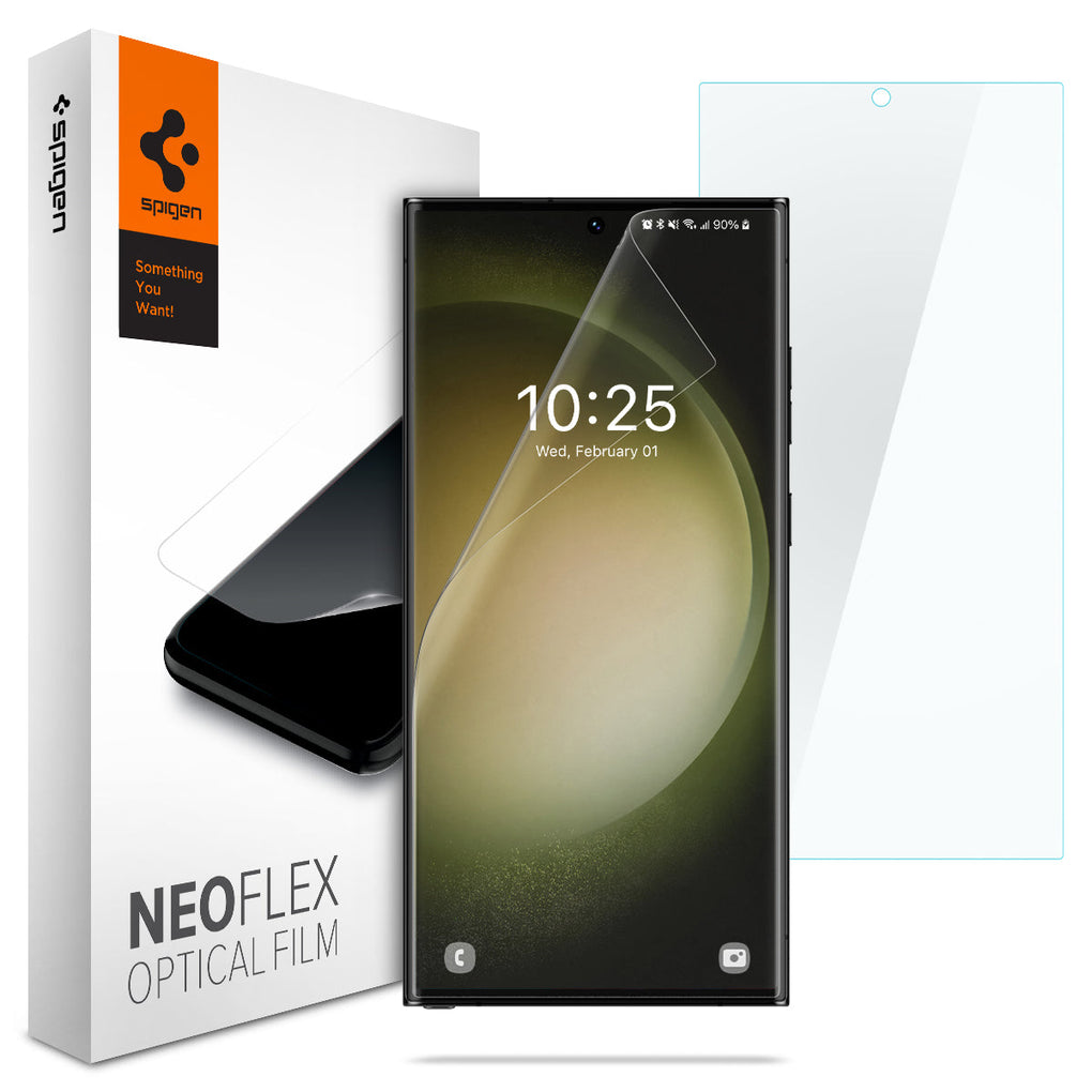 Galaxy S23 Ultra Screen Protector Neo Flex showing the device, two screen protectors and packaging