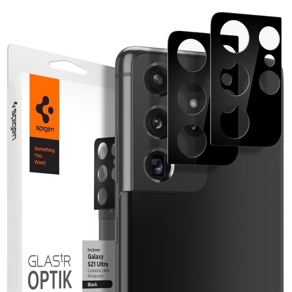Galaxy S21 Ultra 5G Optik Lens Protector showing the packaging, device and two lens protectors