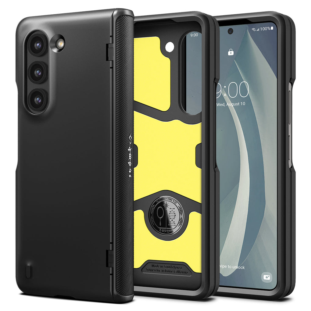 Galaxy Z Fold 5 Case Slim Armor Pro in black showing the back, inside and front