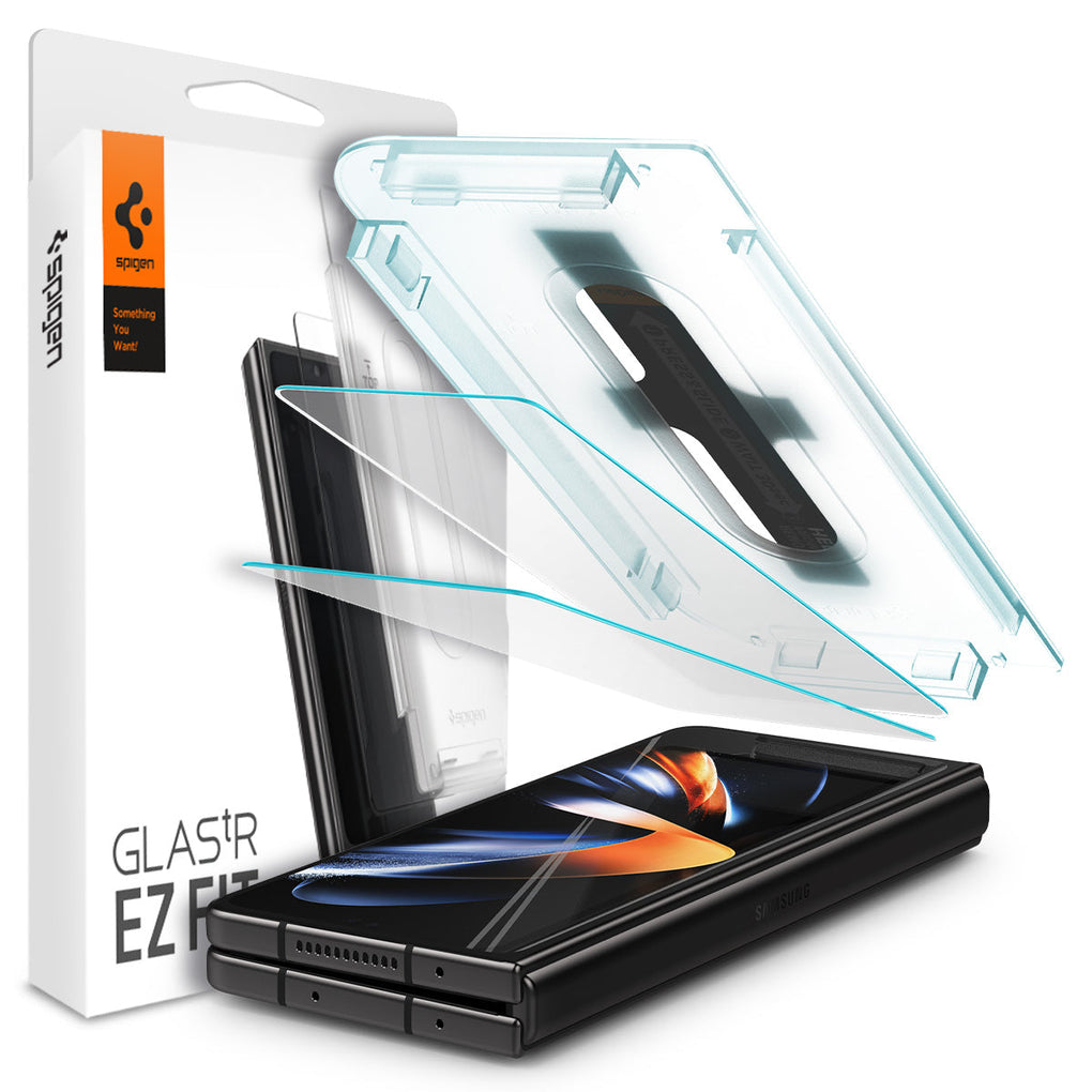 Galaxy Z Fold 4 Screen Protector GLAS.tR showing the device, two screen protectors, ez fit tray and packaging