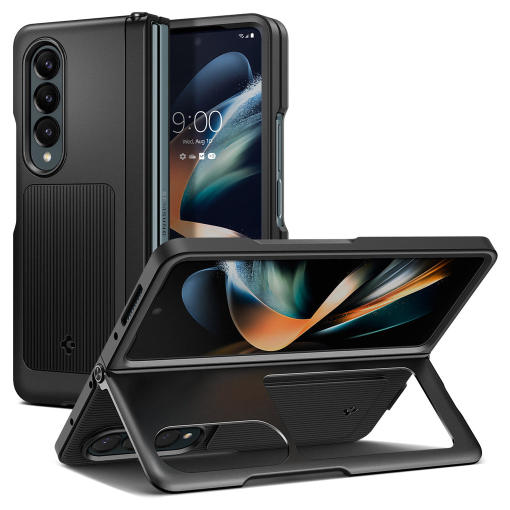 Galaxy Z Fold 4 Case Neo Hybrid S in black showing the back, front and device being propped up horizontally by built in kickstand