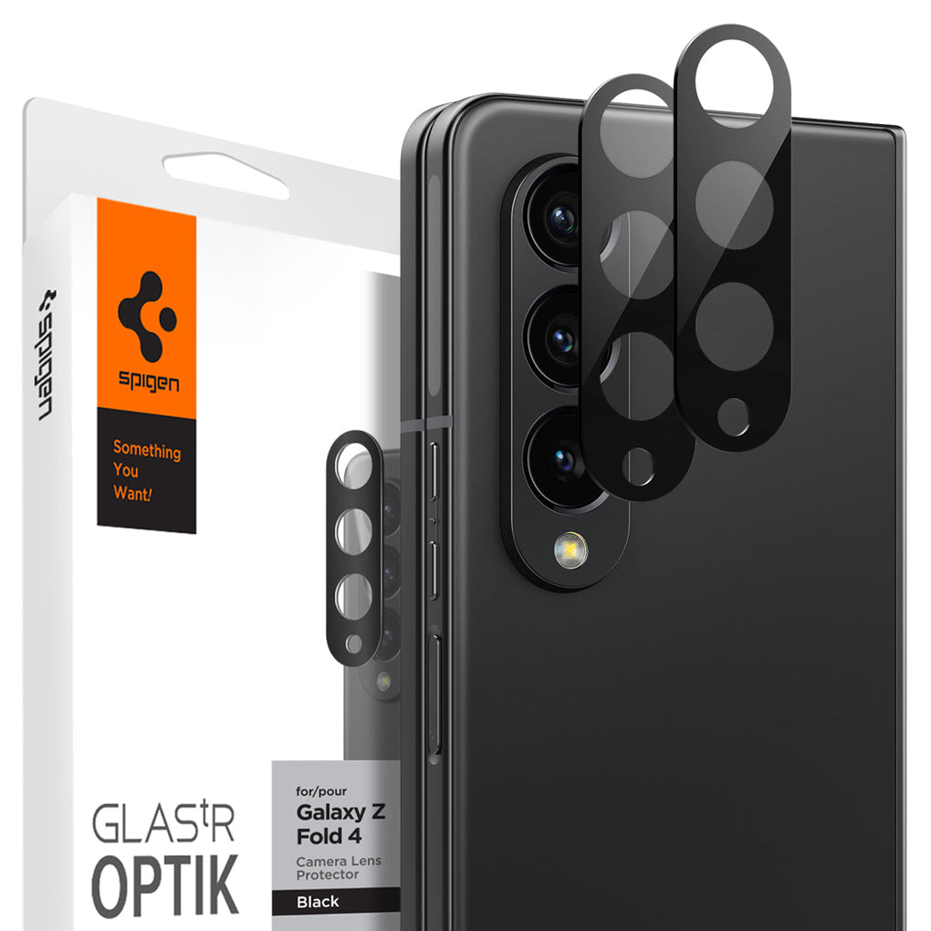 Galaxy Z Fold 4 Optik Lens Protector in black showing the device, two lens protectors and packaging