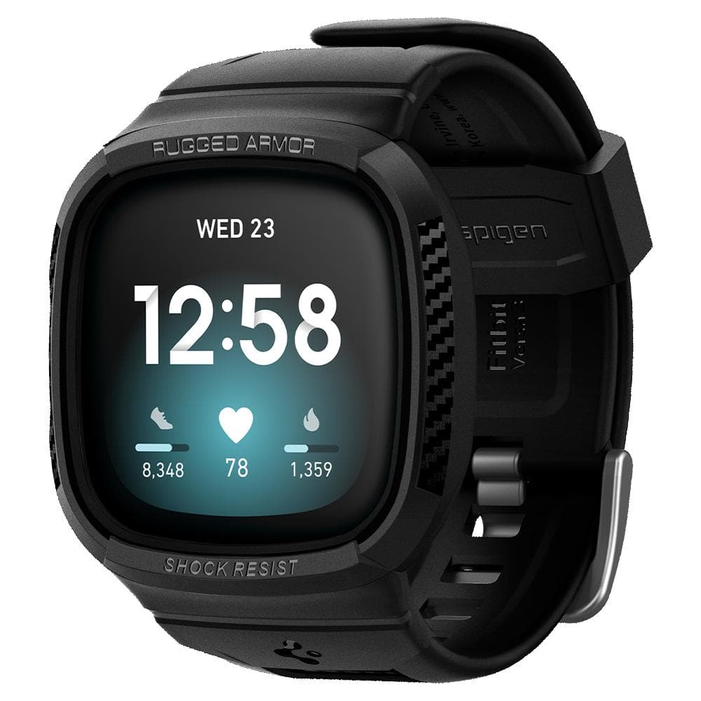Fitbit Versa 3 Case Rugged Armor Pro in black showing the front angle