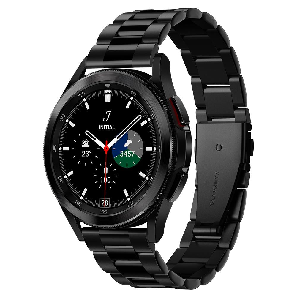 Galaxy Watch 4 Classic (41mm) Watch Band Modern Fit (20mm) in black showing the front and inside on silver watch