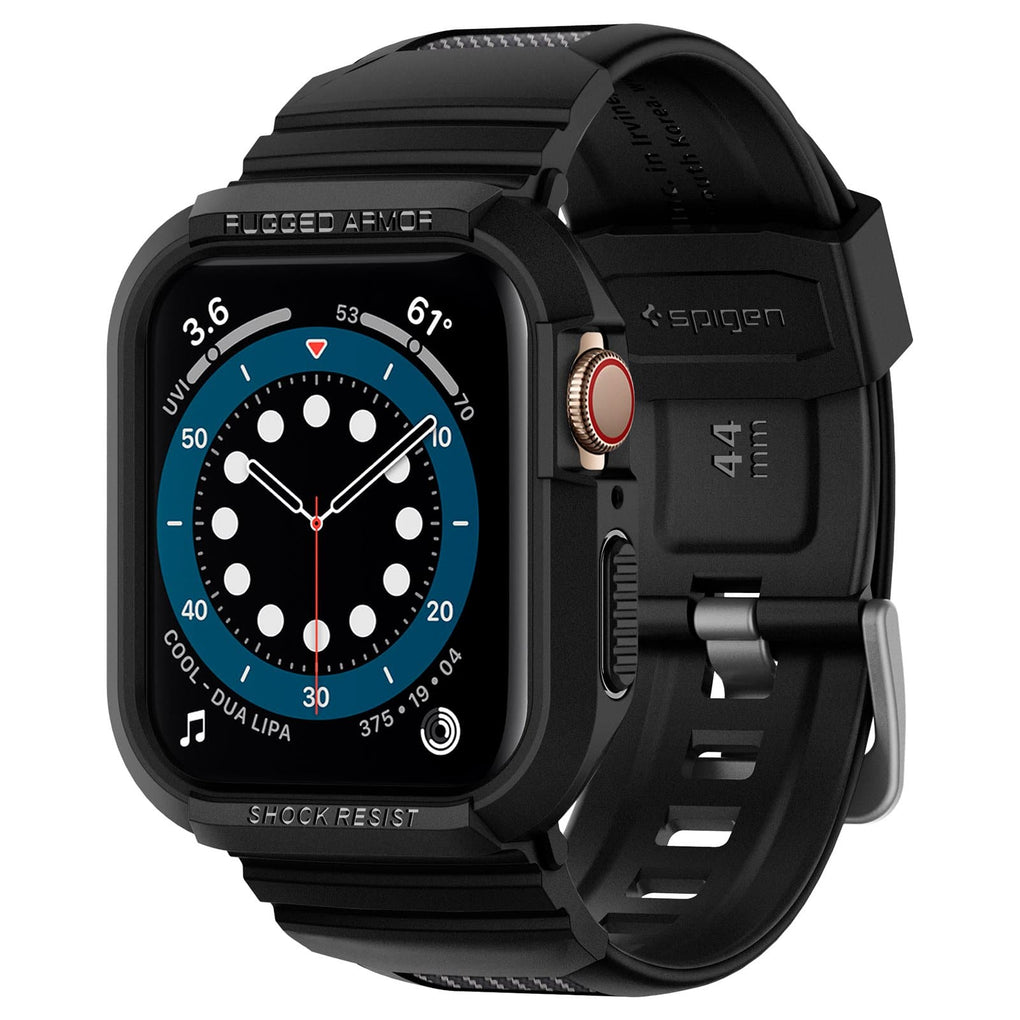 Rugged Armor Pro Black showing a front facing view of the Apple Watch Series SE/6/5/4 (44mm) device.