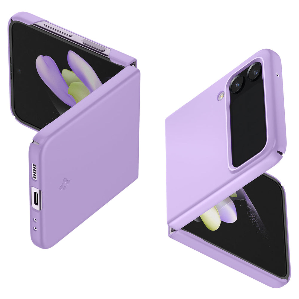 Galaxy Z Flip 4 Case AirSkin in rose purple showing the back, side and partial front of two devices